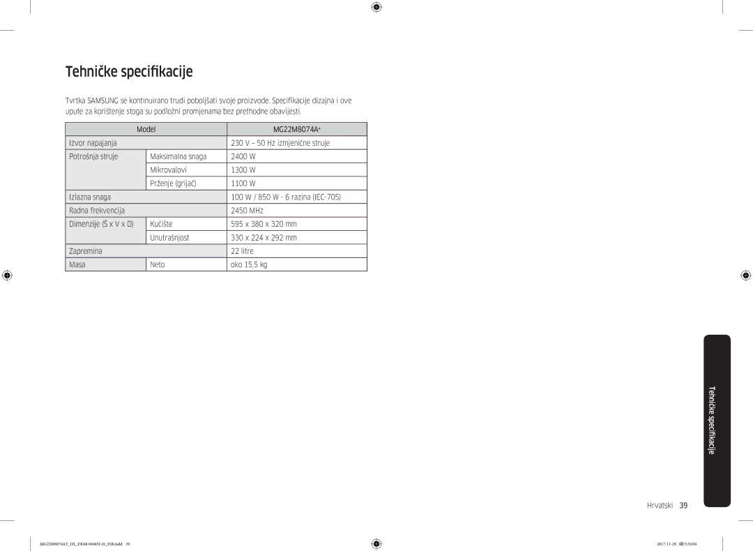 Samsung MG22M8074AT/OL manual Tehničke specifikacije, Hrvatski  